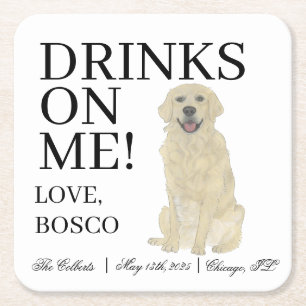 Personalised English Golden Retriever Wedding Square Paper Coaster