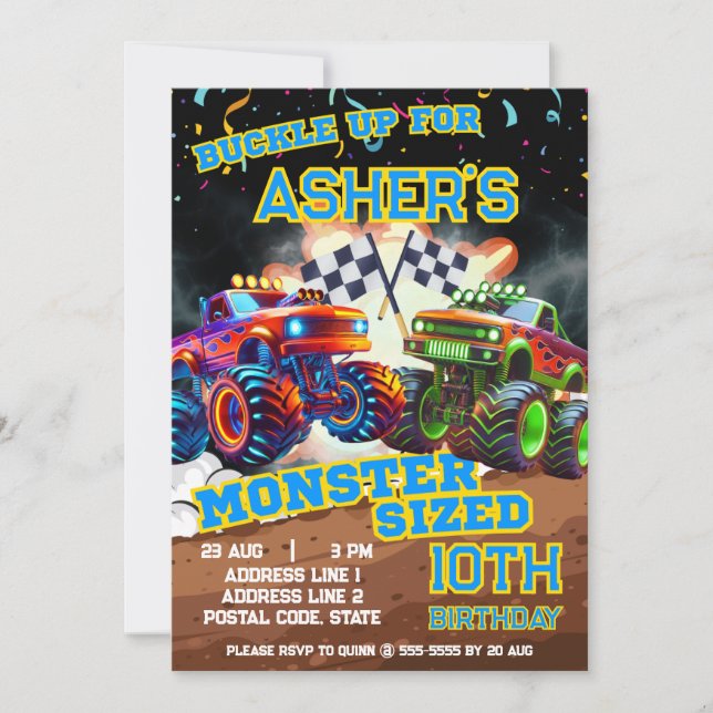 Personalised Epic Monster Truck Showdown Birthday Invitation (Front)