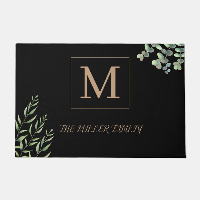 Personalised Eucalyptus Black Monogram Floral  Doormat (Front)