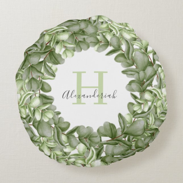 personalised eucalyptus greenery wreath round cushion (Back)