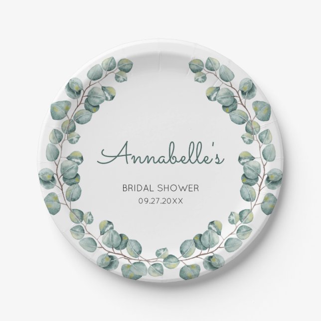 Personalised Eucalyptus Wreath  Bridal Shower Paper Plate (Front)