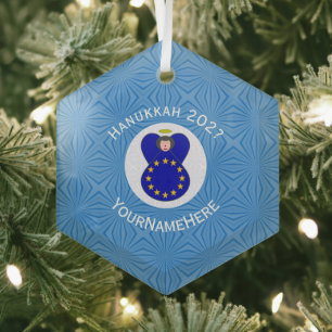 Personalised European Union Angel Hanukkah Flag Glass Tree Decoration