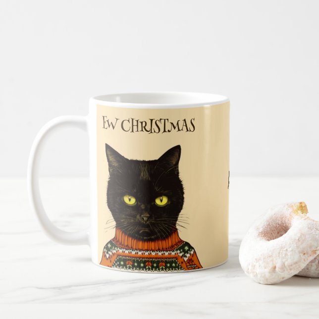Personalised Ew Christmas Angry Bored Black Cat  Coffee Mug (With Donut)