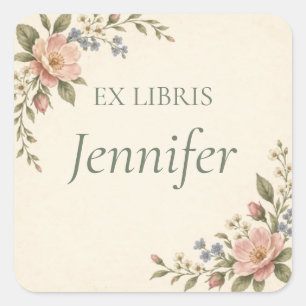 Personalised Ex Libris Floral Bookplate Square Sticker