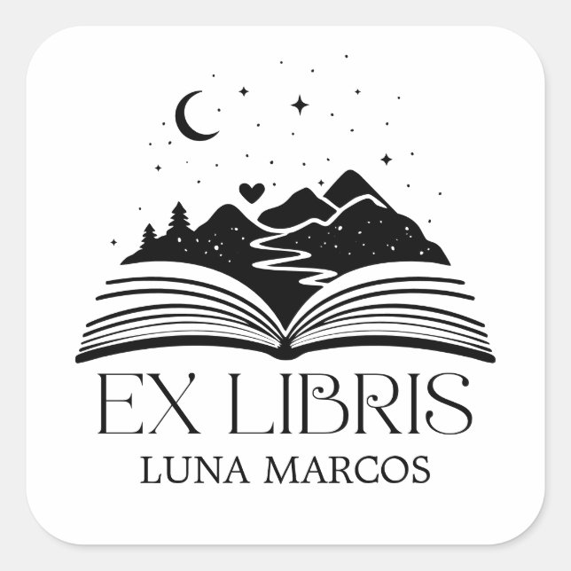 Personalised Ex Libris with a Book and Stars Heart Square Sticker (Front)