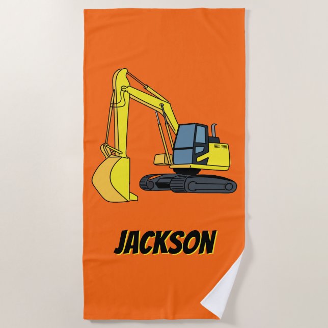 Personalised Excavator Construction Vehicle Beach Towel (Front)
