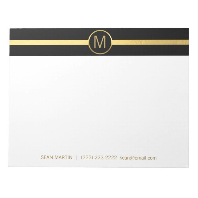 Personalised Executive Black Gold Stripes Monogram Notepad (Front)