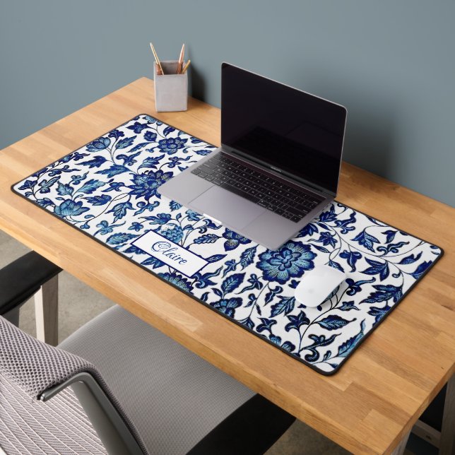 Personalised Exotic Chic Blue & White Floral Desk Mat (Office 2)