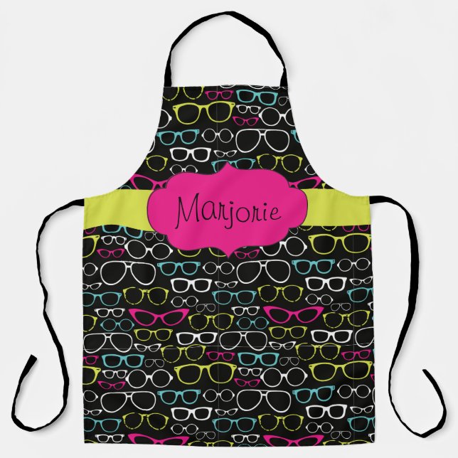 Personalised Eye Glasses Patterned Magenta Black Apron (Front)