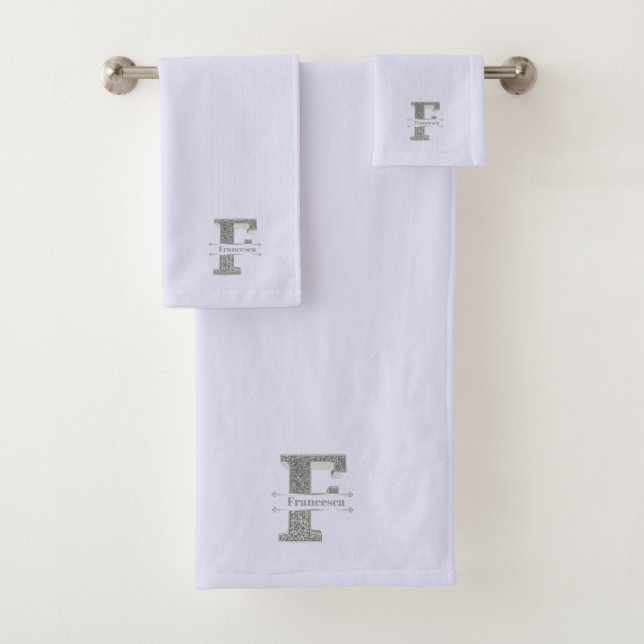 Personalised F Initial Silver Monogram Your Name Bath Towel Set (Insitu)