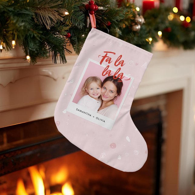 Personalised Fa La La La Pink Christmas Photo Large Christmas Stocking (Creator Uploaded)