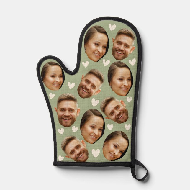 Personalised Face Picture Heart Couple Sage Green  Oven Mitt (Front)