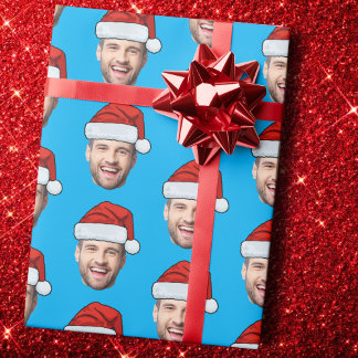 Personalised Face Santa Hat Blue Gift Wrap