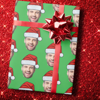 Personalised Face Santa Hat Green Gift Wrap