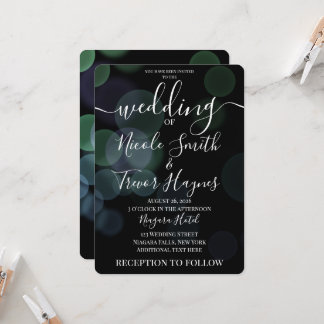 Personalised Faded Bokeh Bubbles on Black Wedding Invitation