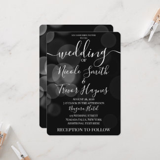 Personalised Faded Bokeh Bubbles on Black Wedding Invitation