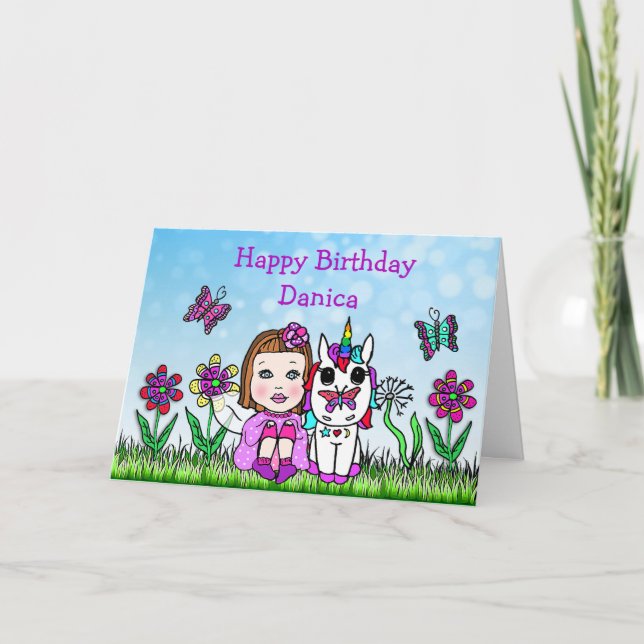 Personalised Fairy and Unicorn  Happy Birthday Card (Front)