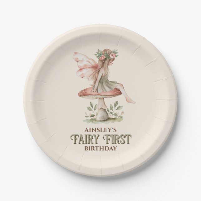 Personalised Fairy First Pink 1st Birthday Party Paper Plate (Front)