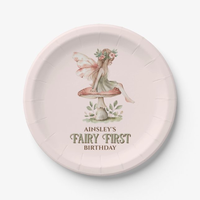 Personalised Fairy First Pink 1st Birthday Party Paper Plate (Front)
