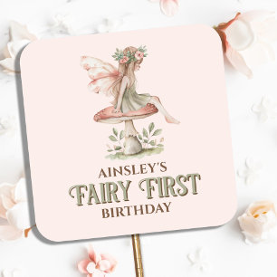 Personalised Fairy First Pink 1st Birthday Party Square Sticker