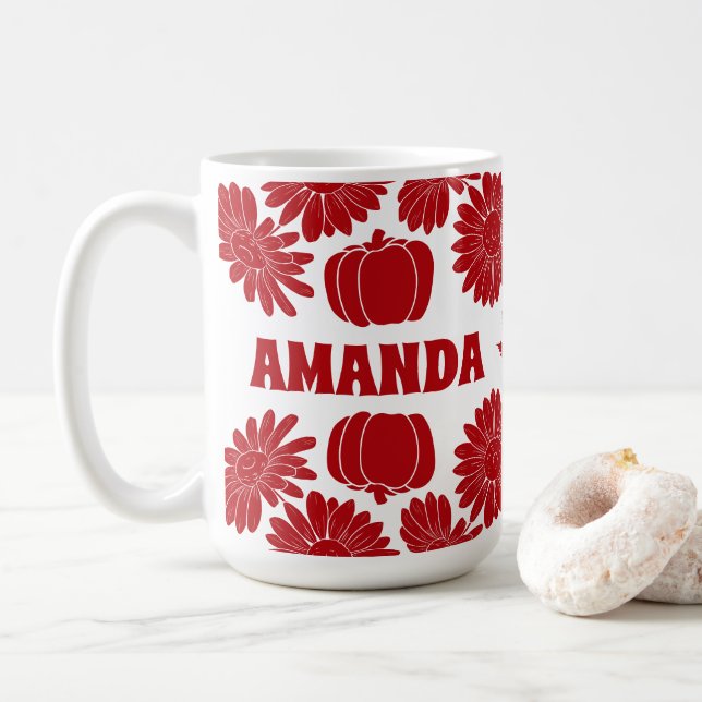 Personalised Fall Autumn Flowers Pumpkins Red Coffee Mug (With Donut)