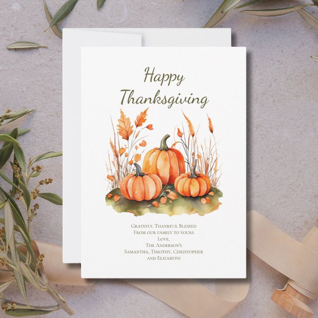 Personalised Fall Autumn Thanksgiving Day Card  (Thanksgiving card with pumpkins and fall botanicals. Printed or Digital Download)