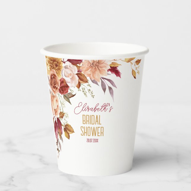  Personalised Fall Boho Floral Bridal Shower Paper Cups (Front)