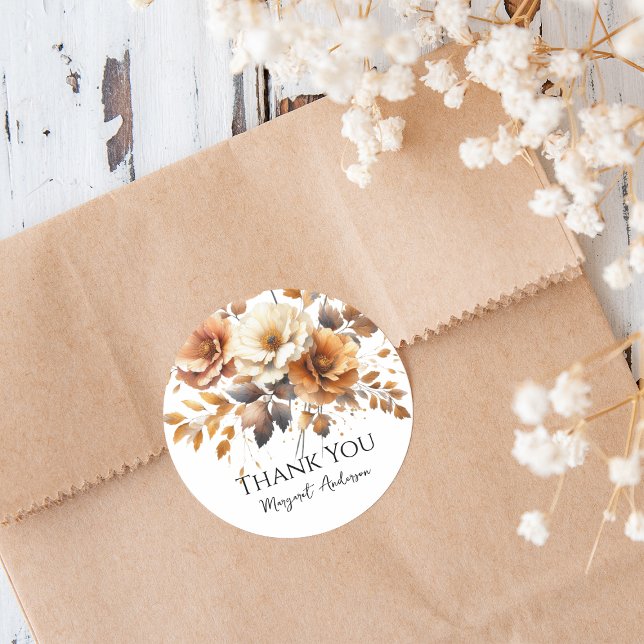 Personalised Fall Brown Floral Elegant Thank You Classic Round Sticker (Personalized Fall Brown Floral Elegant Thank You Sticker for Birthday Party or other occasions.)