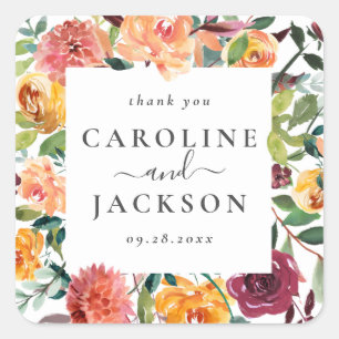 Personalised Fall Floral Thank You Favour Square Sticker