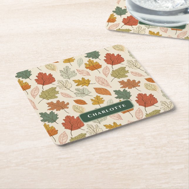 Personalised Fall Leaves – Cosy Autumn Custom Name Square Paper Coaster (Angled)
