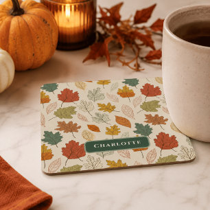 Personalised Fall Leaves – Cosy Autumn Custom Name Square Paper Coaster