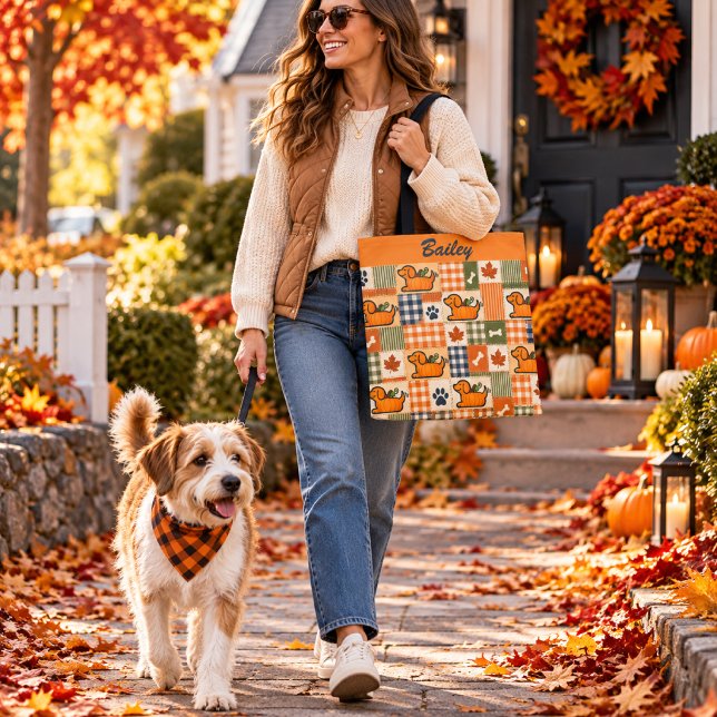 Personalised Fall Patchwork Pup Pumpkin All Over Tote Bag (Creator Uploaded)