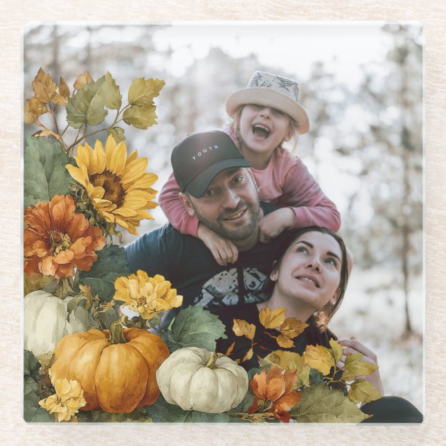 Personalised Fall Pumpkin Photo Design Glass Coaster (Front)