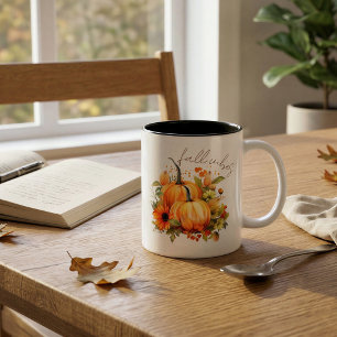 Personalised Fall Vibes Pumpkin Floral Name Two-Tone Coffee Mug