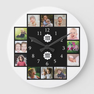 Personalised Family 12 Photo Collage 2 Logo Black  Large Clock