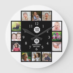 Personalised Family 12 Photo Collage Black 2 Logo Large Clock