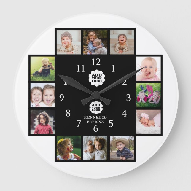 Personalised Family 12 Photo Collage Black 2 Logo Large Clock (Front)