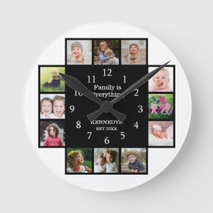 Personalised Family 12 Photo Collage Frame Black Round Clock
