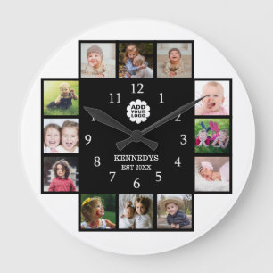 Personalised Family 12 Photo Collage Logo Black Large Clock