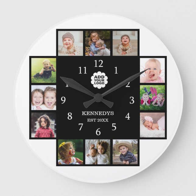 Personalised Family 12 Photo Collage Logo Black   Large Clock (Front)