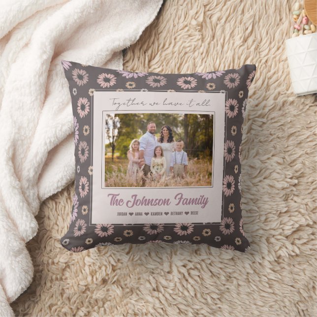 Personalised Family 1 photo Floral Modern Name  Cushion (Blanket)