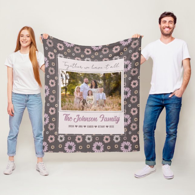 Personalised Family 1 photo Floral Modern Name  Fleece Blanket (In Situ)