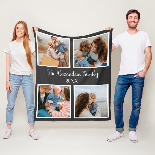 Personalised family 4 photo collage template fleece blanket (In Situ)