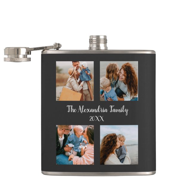 Personalised family 4 photo collage template hip flask (Opened)