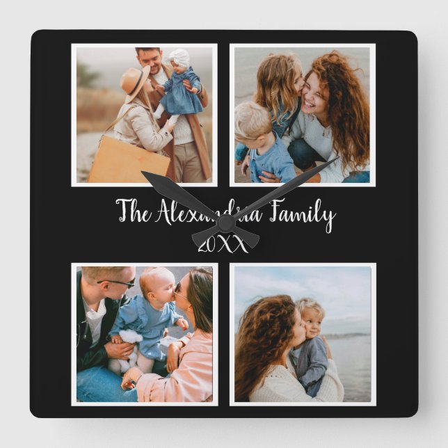 Personalised family 4 photo collage template square wall clock (Front)