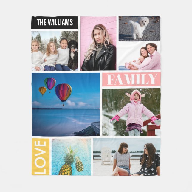 Personalised Family 8 Photo Collage Named Fleece Blanket (Front)