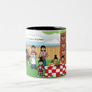 Personalised Family BBQ, 1 Boy, 2 Girls Cartoon Tw Two-Tone Coffee Mug