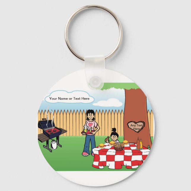 Personalised Family BBQ Single Mum, 1 Girl Cartoon Key Ring (Front)