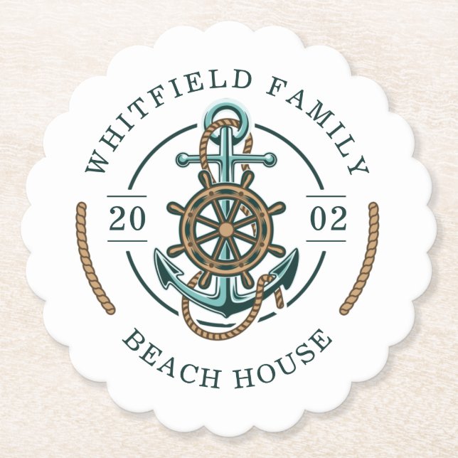 Personalised Family Beach House Custom Nautical Paper Coaster (Front)