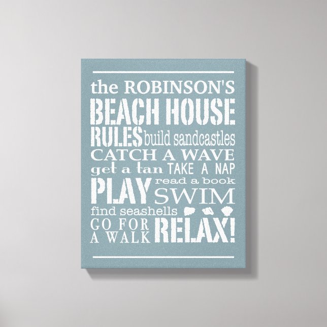 Personalised Family Beach House Rules Blue | White Canvas Print (Front)